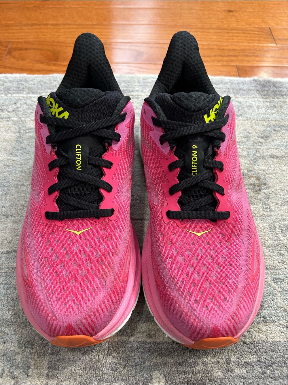 Hoka Clifton 9 Women's Running Shoes - Pink/Black with Yellow Accent - Size 7